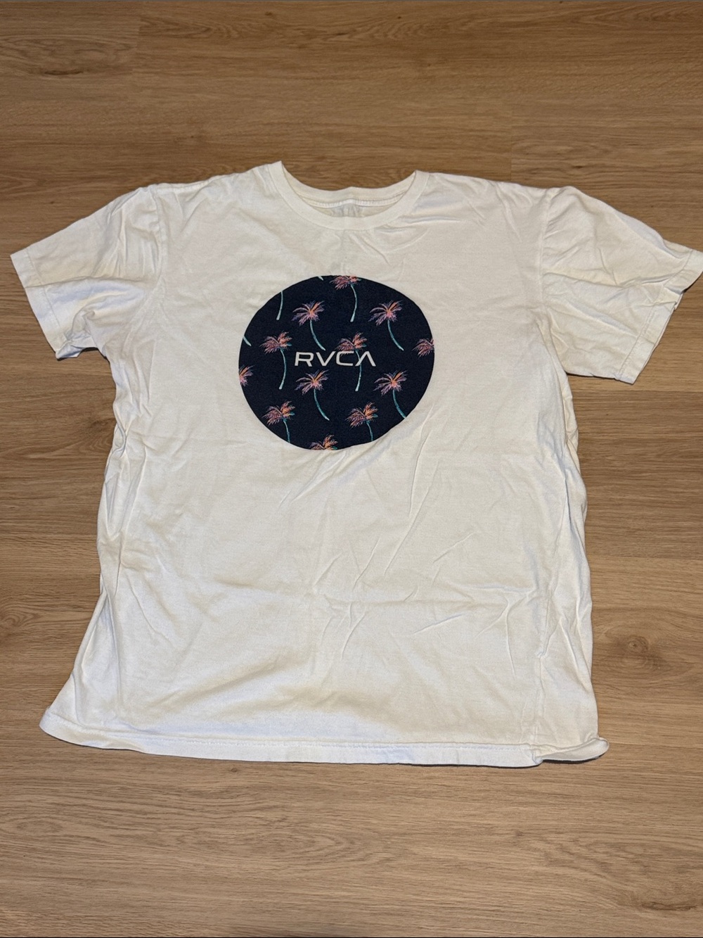 RVCA White Short-Sleeve Tee with Navy Palm Circle Graphic